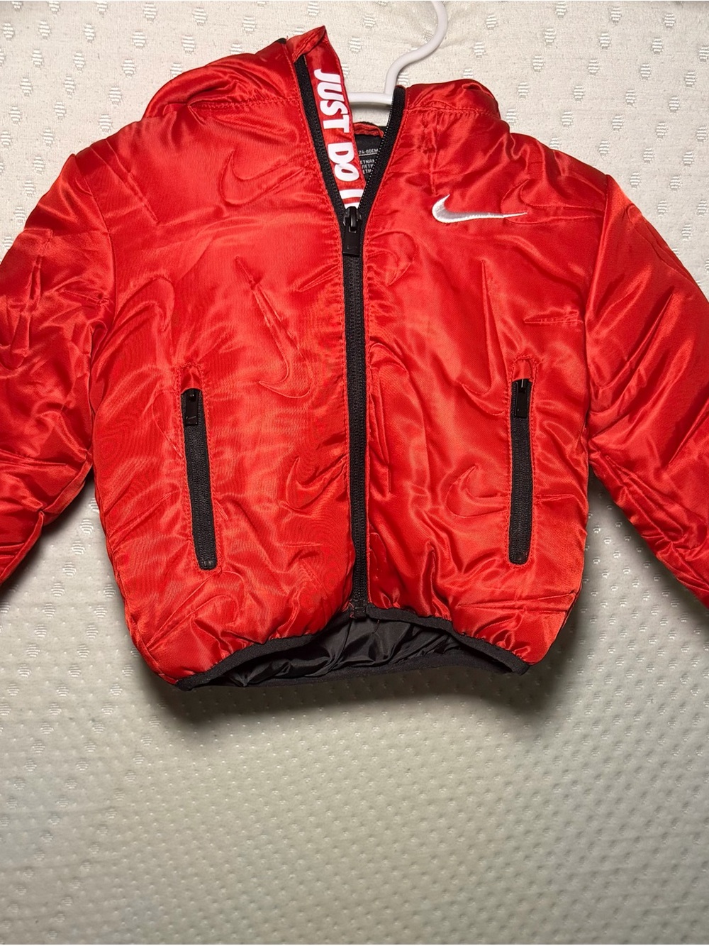 Nike Red Kids Hooded Puffer Jacket with Zip Pockets